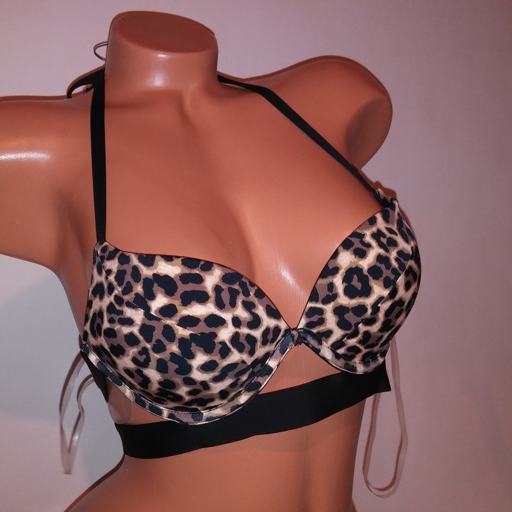 Victoria Secret Swim Bikini Top 34A Push Up Hottie Halter Black Tan Leopard New